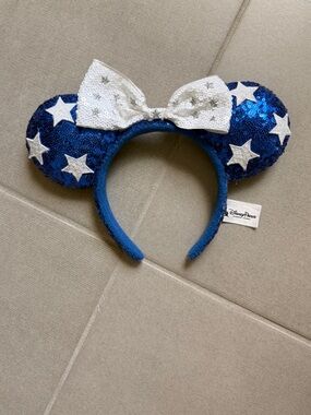 Disney Patriotic Blue Sequin Star Minnie Mouse Ear Headband with White Bow